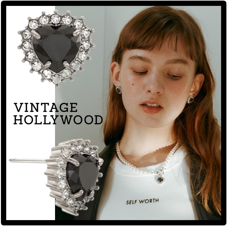 ☆関税込☆VINTAGE HOLLYWOOD★Black Heart Stone Earrings★