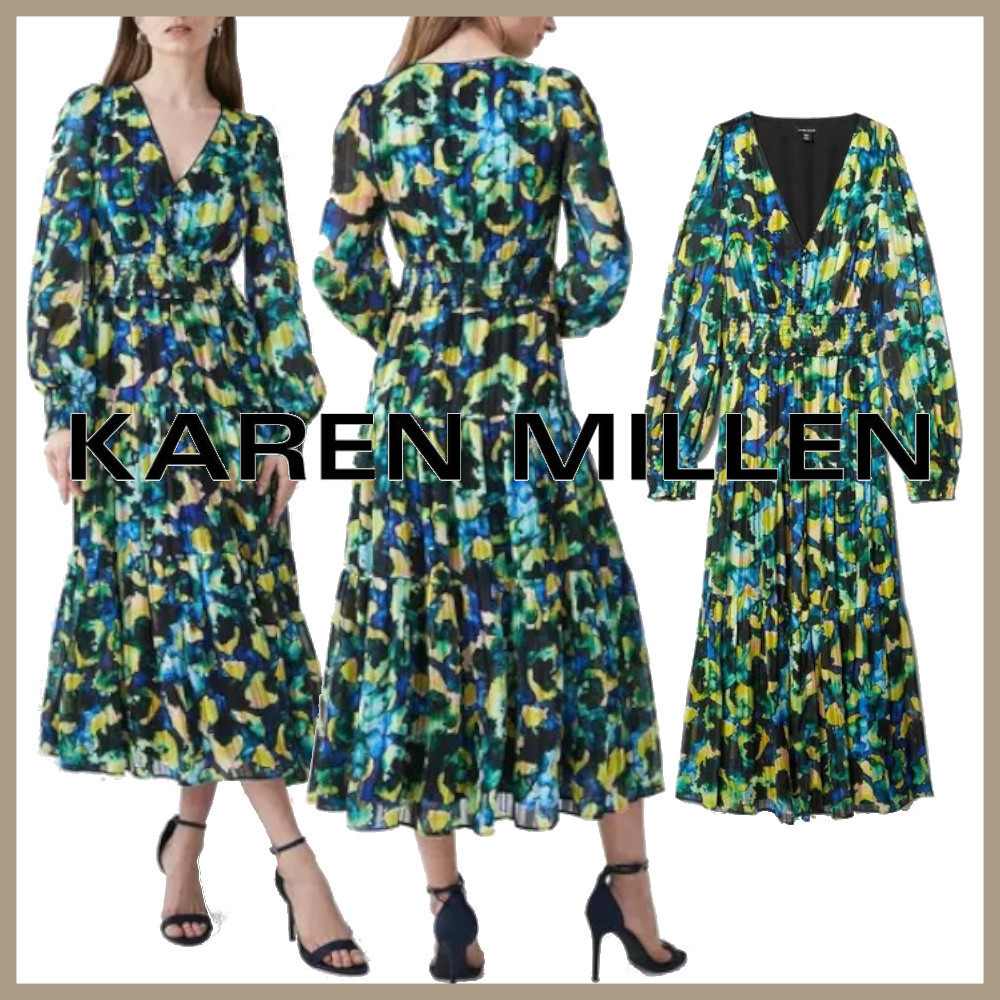 ★KAREN MILLEN★アブストラクト Vネック ウーブン マキシドレス