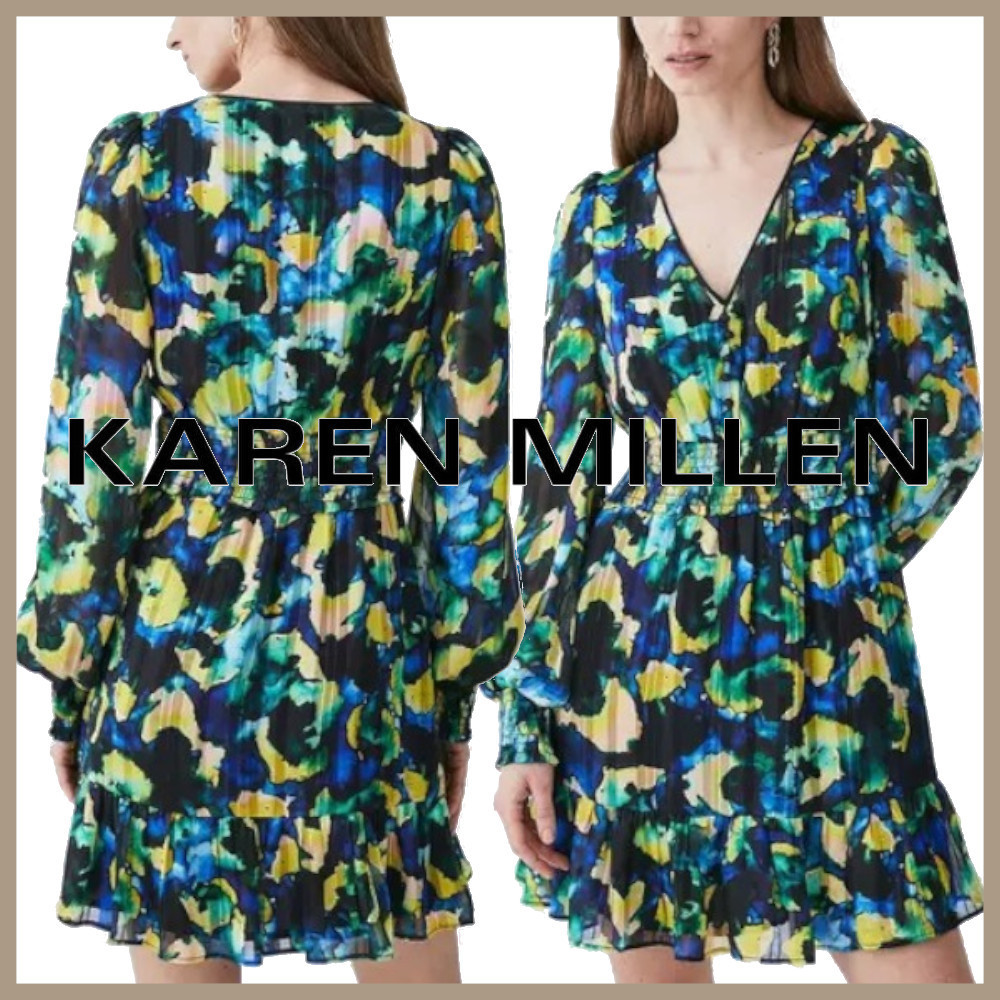 ★KAREN MILLEN★ 花柄 Vネック ウーブン ミニドレス