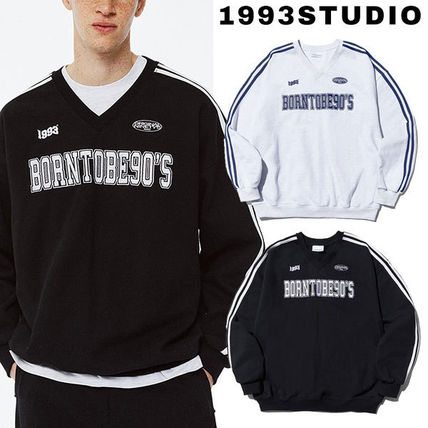 1993studio Sweatshirts Unisex Sweat Street Style V-Neck Bi-color Long Sleeves