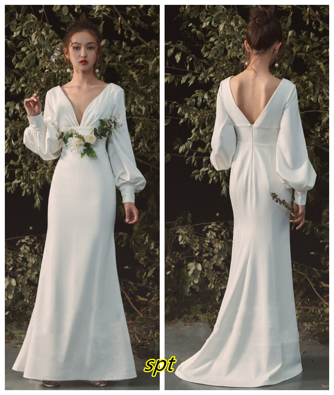 Vネックボリュームスリーブドレスウェディング結婚式