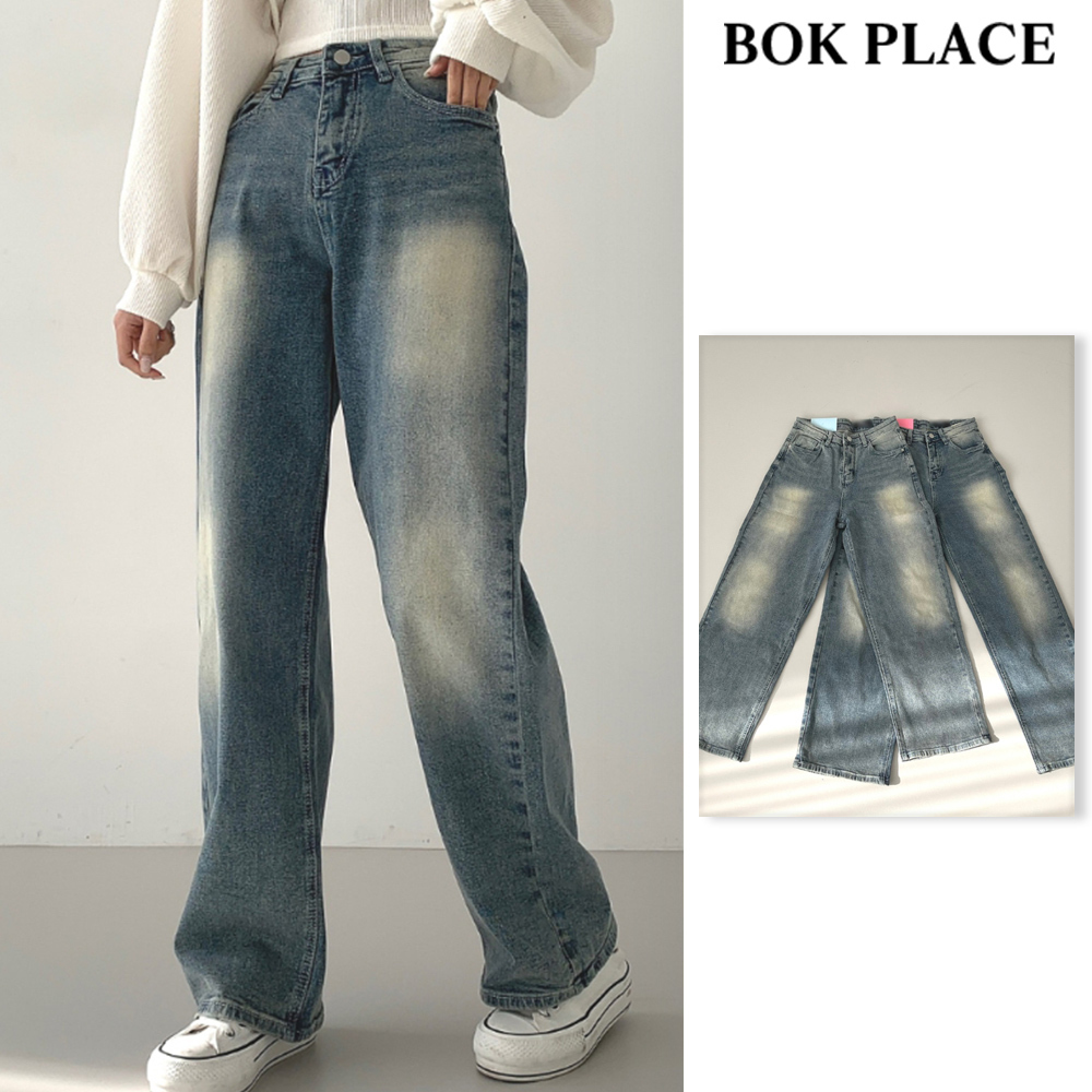 【BOK PLACE】Light blue washing span wave l wide denim pt XL