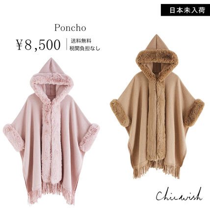 CHICWISH(シックウィッシュ)｜ストライプフェイクファーポンチョ Chicwish(シックウィッシュ) ポンチョ・ケープ(レディース