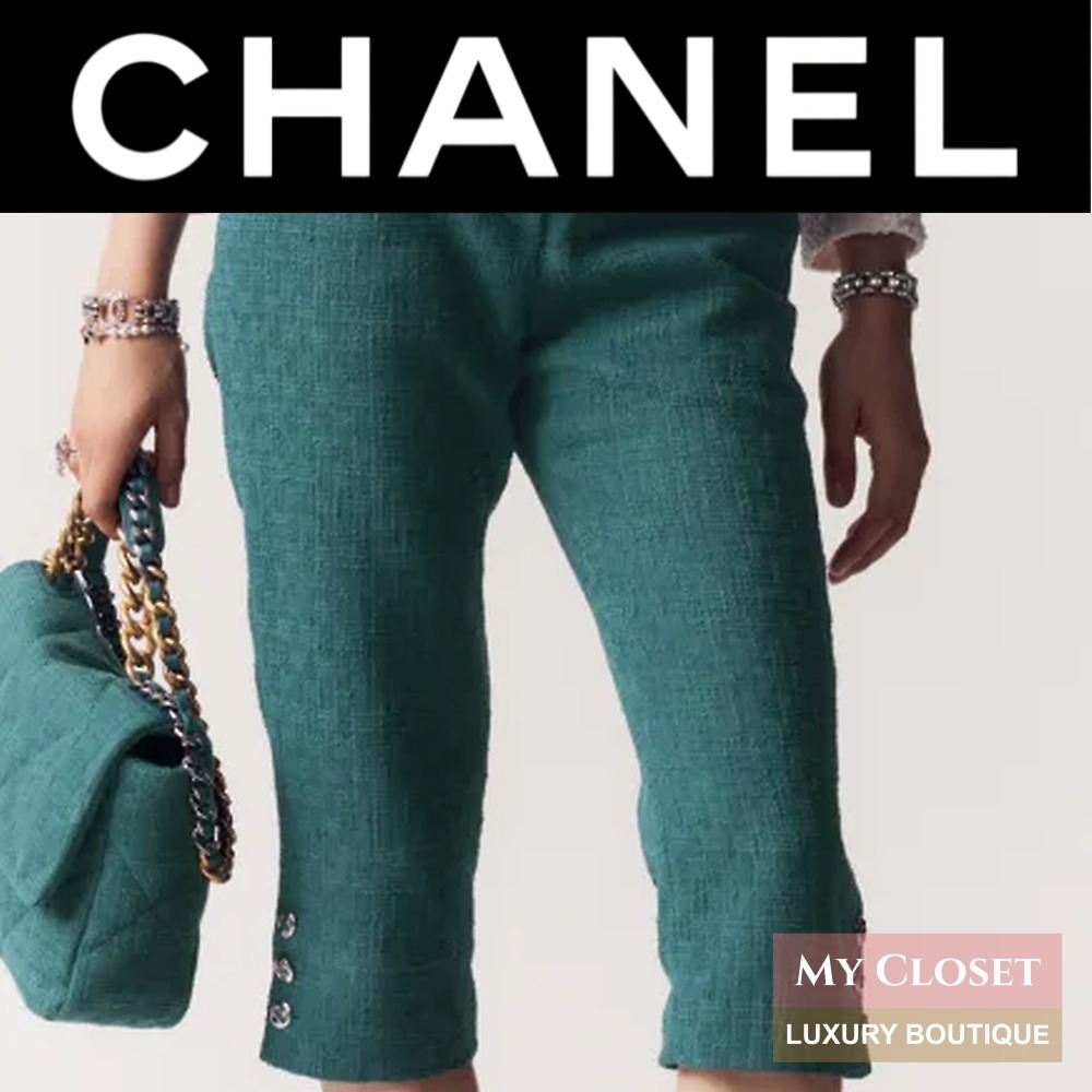 ツイード♪【 CHANEL 】バミューダパンツ♡ CHANEL バミューダ パンツ ツイード 緑 七部丈 短め 直営店 限定
