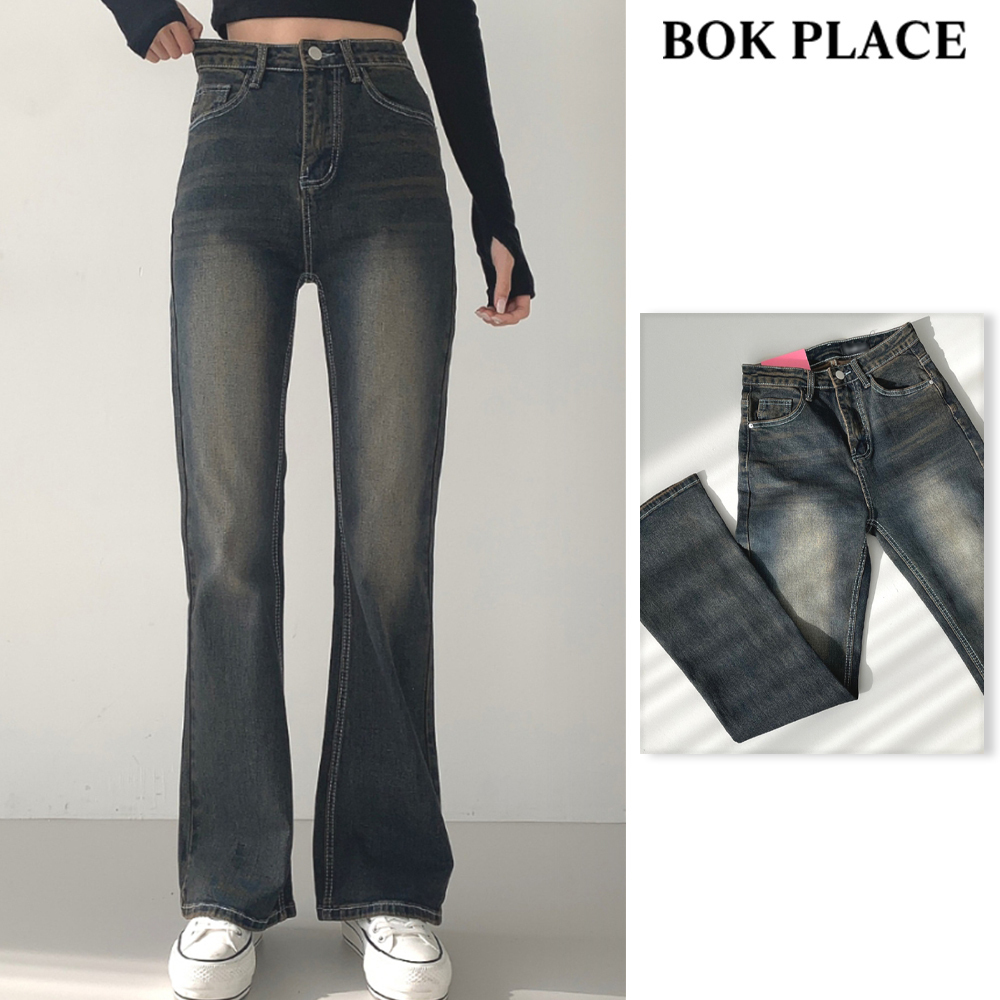 【BOK PLACE】Black blue washing span l bootcut denim pt XL