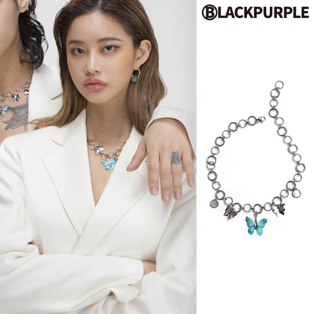 【BLACKPURPLE】Black Purple 5P Blue Butterfly Necklace