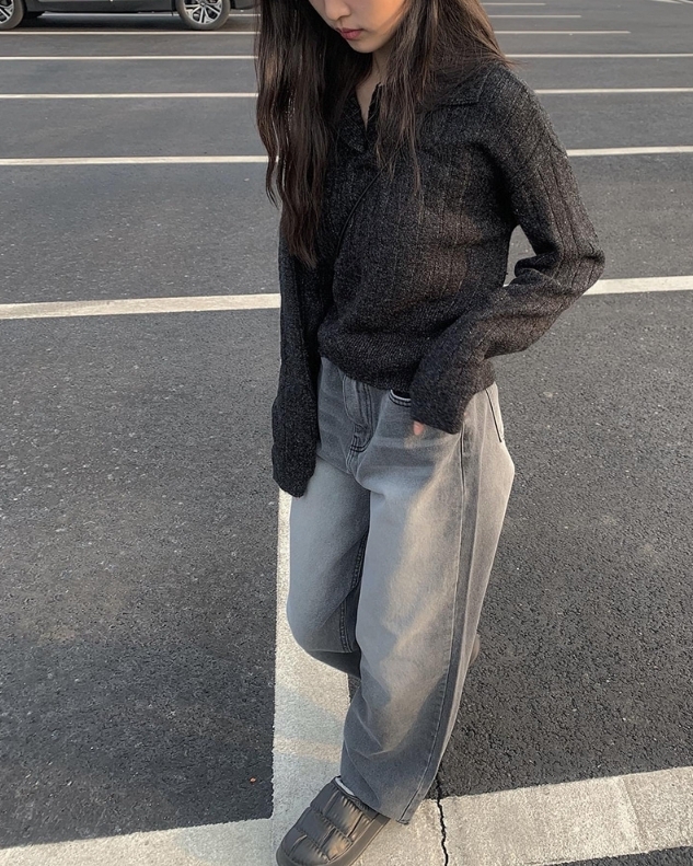 【Anyone more】Katsy Gray Loose Denim Wide Pants