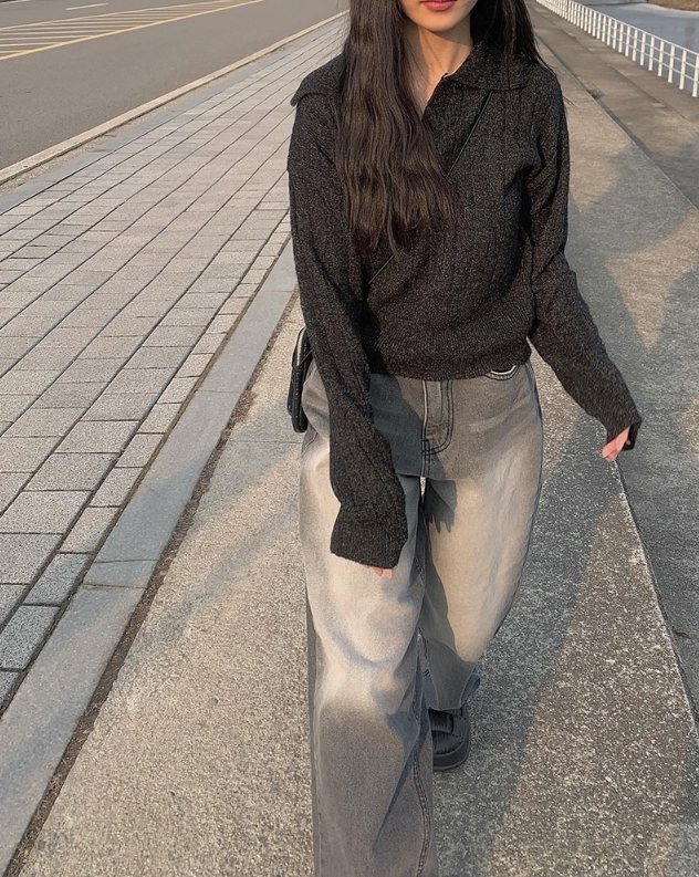 【Anyone more】Katsy Gray Loose Denim Wide Pants