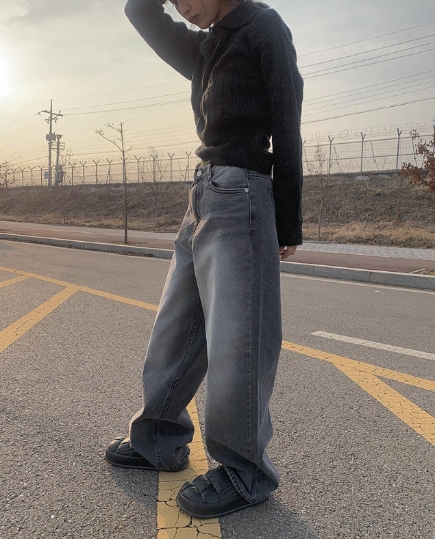 【Anyone more】Katsy Gray Loose Denim Wide Pants