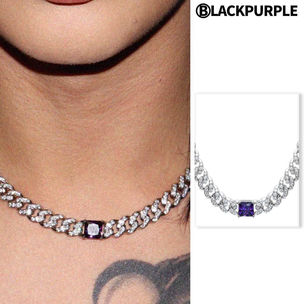 【BLACKPURPLE】Square Crystal Cuban Chain Necklace Woman