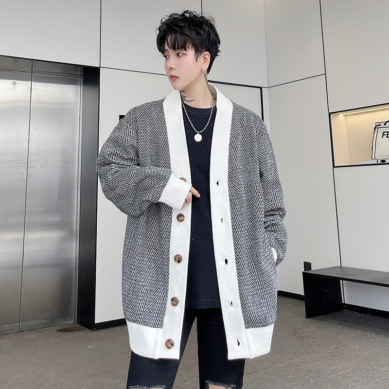 カーディガン ニット ヘリンボーン ユニセックス バイカラー ~XL