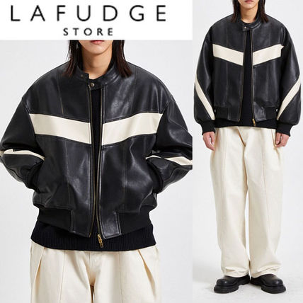 LAFUDGE STORE Biker Unisex Street Style Plain Biker Jackets