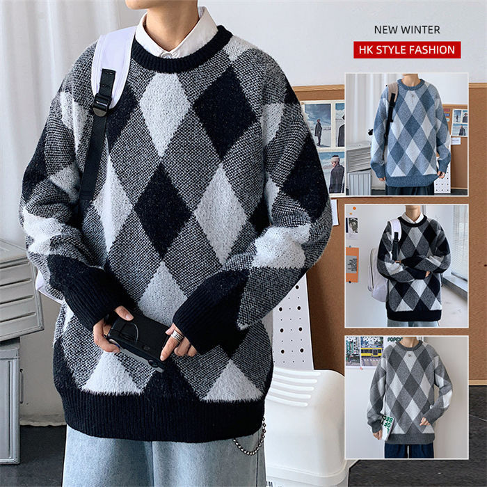 セーター ニット 3色 M-3XL チェック柄 ゆったり 厚手 秋冬 7808