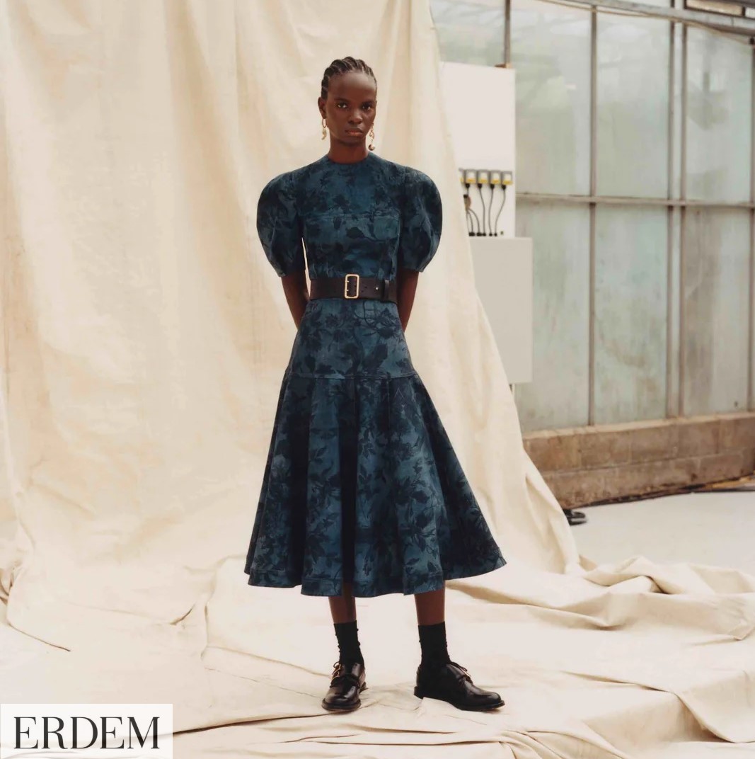 国内発| ERDEM パフスリーブ フローラルデニム ミディドレス