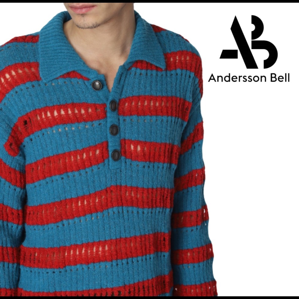 白 フリル付 ANDERSSON BELL フロッキード ロゴ バーシティ セーター