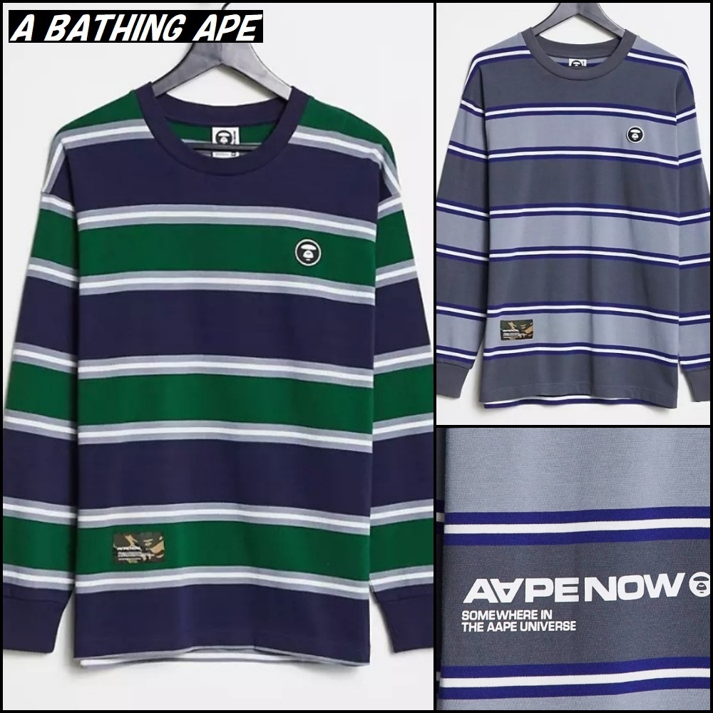 【AAPE by A BATHING APE】ロゴ パッチ ストライプ 長袖 Tシャツ