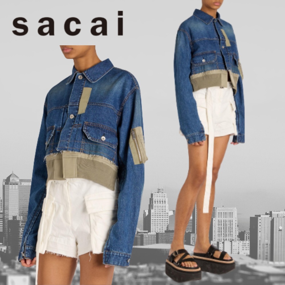 【sacai】ミックス メディア・デニム ジャケット ブルー×カーキ