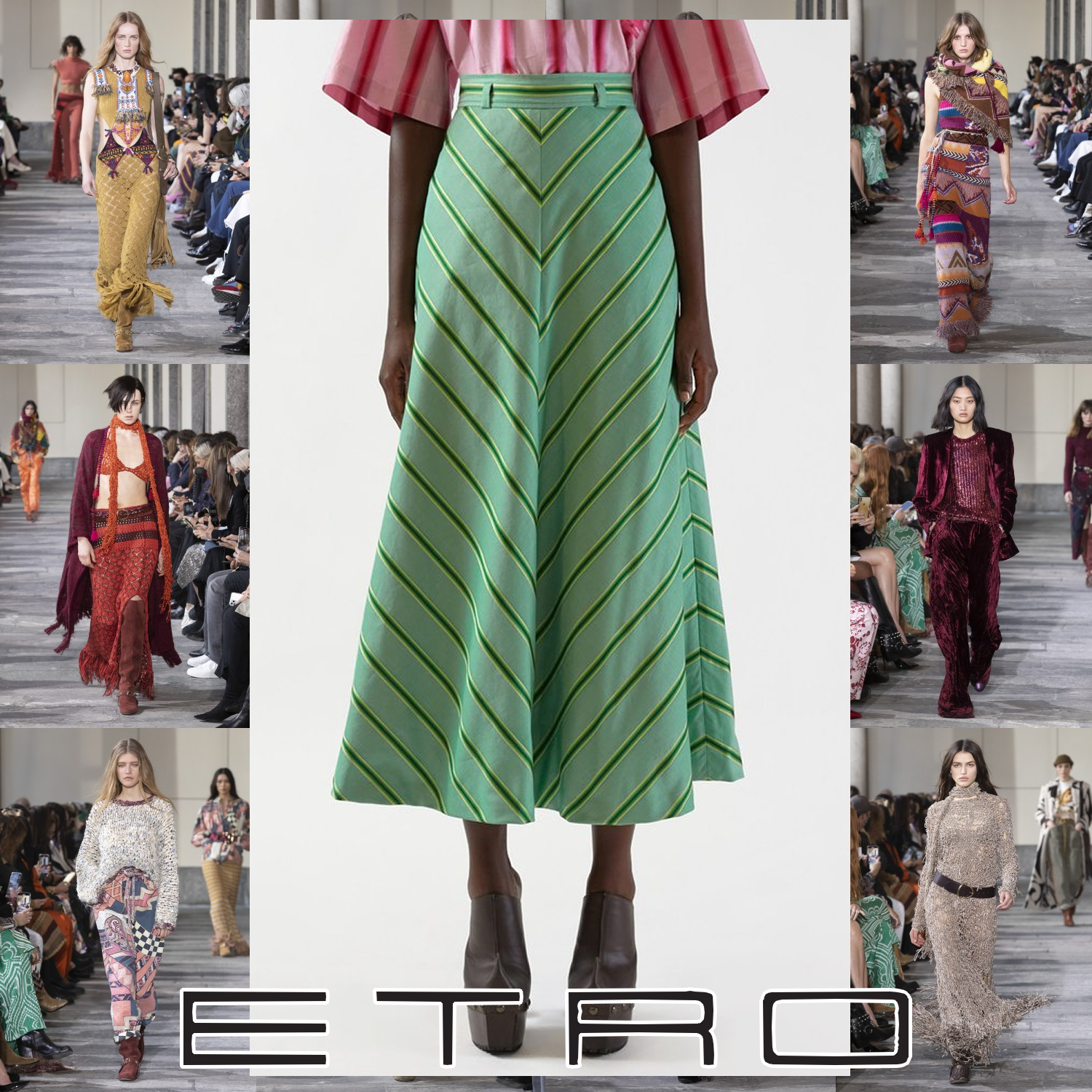 ETRO ダイアゴナルストライプ ロングスカート グリーン