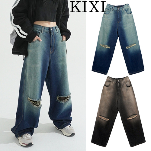 【KIXI】★(UNISEX) Sand Cutting Maxi Wide Denim Pants
