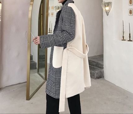 韓国 チェスターコート パッチワーク風 チェック柄 ミディアム丈