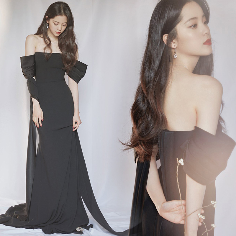 ドレス 無地 ロング丈 オフショルダー ウェディングドレス 韓国