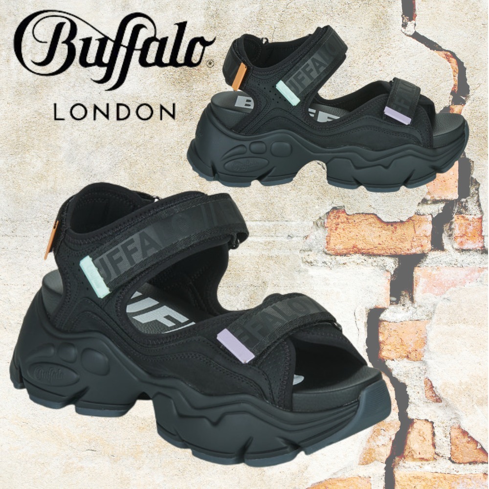 ★Buffalo LONDON★バイナリー 厚底サンダル ベルトサンダル 黒