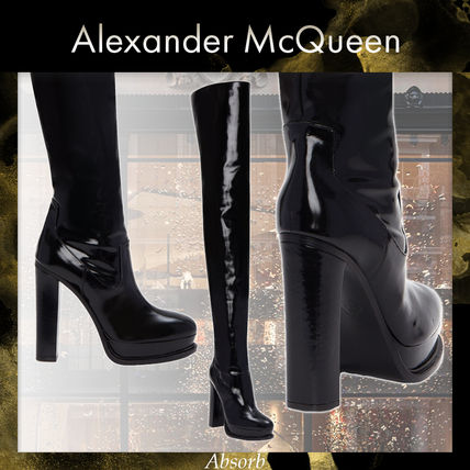 alexander mcqueen Over-the-Knee Platform Round Toe Casual Style Plain Leather Block Heels