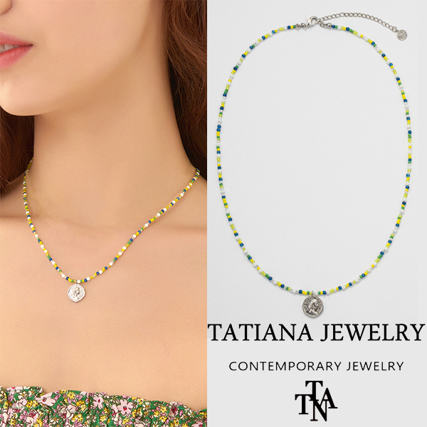 【TATIANA】Apink銀紙着用★Green Mix Coin Beads Necklace