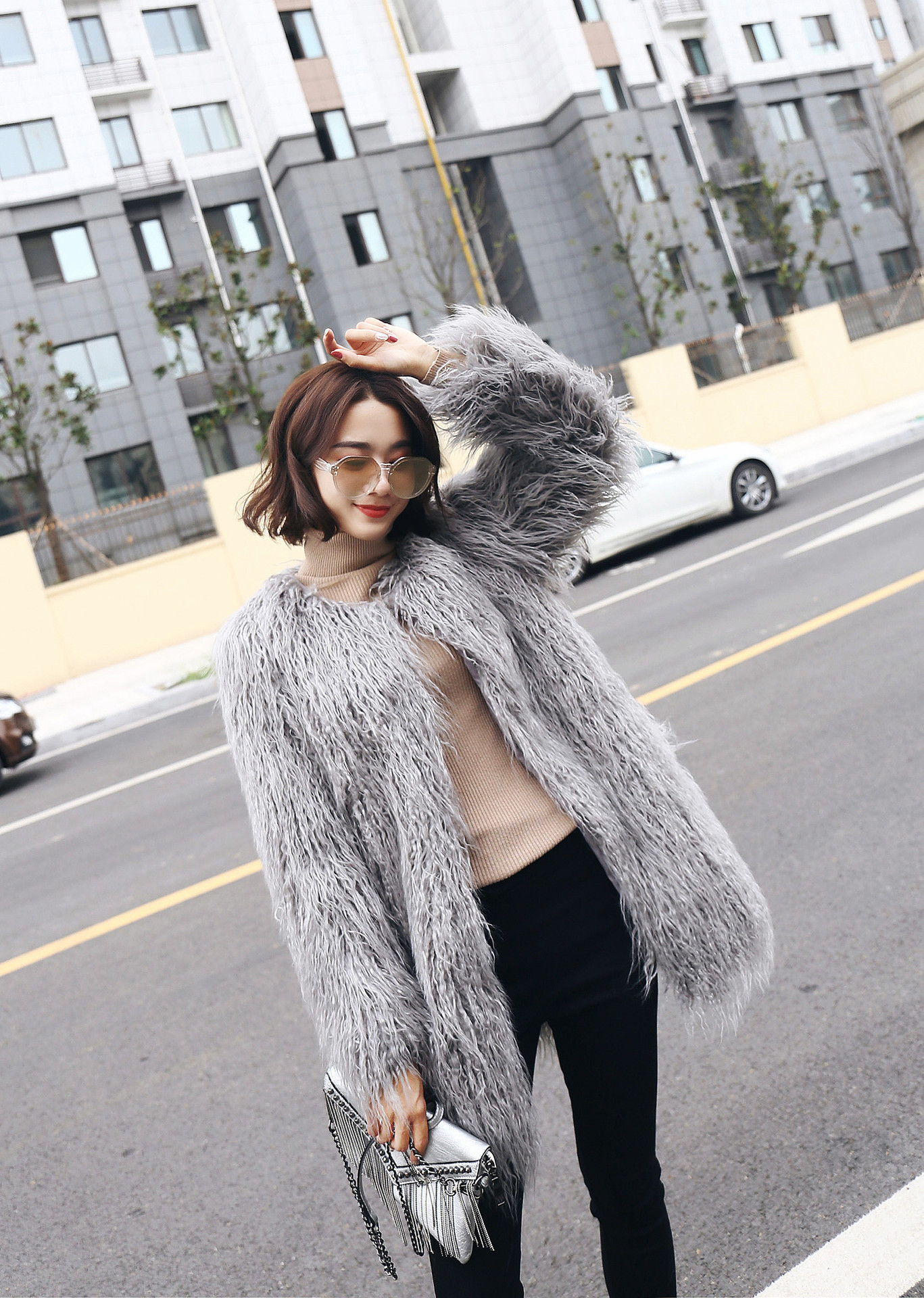 韓国 シャギー ファー ジャケット フェイクファー ルーズ 4color