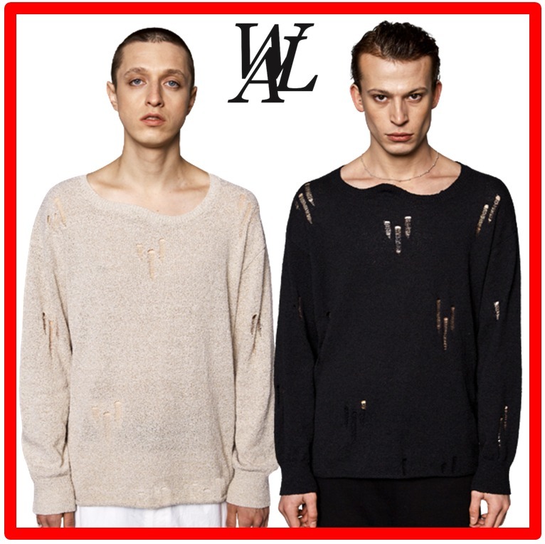 ★人気★【WOOALONG】★Mesh curved neck knit long sleev.e★