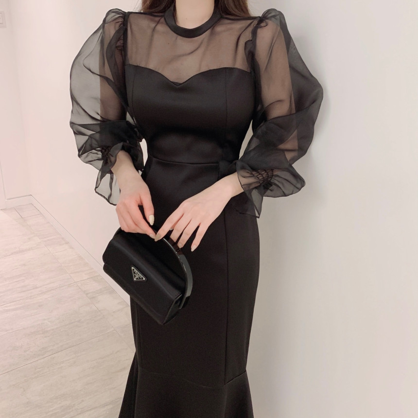 パーティー ドレス マーメイド シースルー 結婚式 パフスリーブ