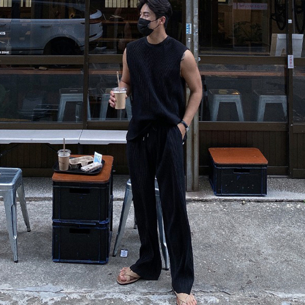 ノースリーブ ワイドパンツ セットアップ ストライプ 韓国