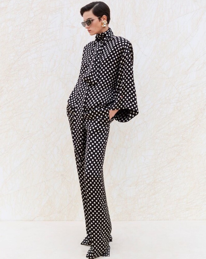 Saint Laurent《サテンパンツ》黒/白 ドット ビスコース 直営店