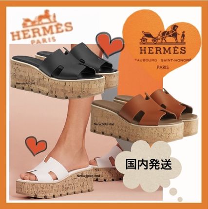 HERMES Platform & Wedge Open Toe Platform Casual Style Plain Leather Mules