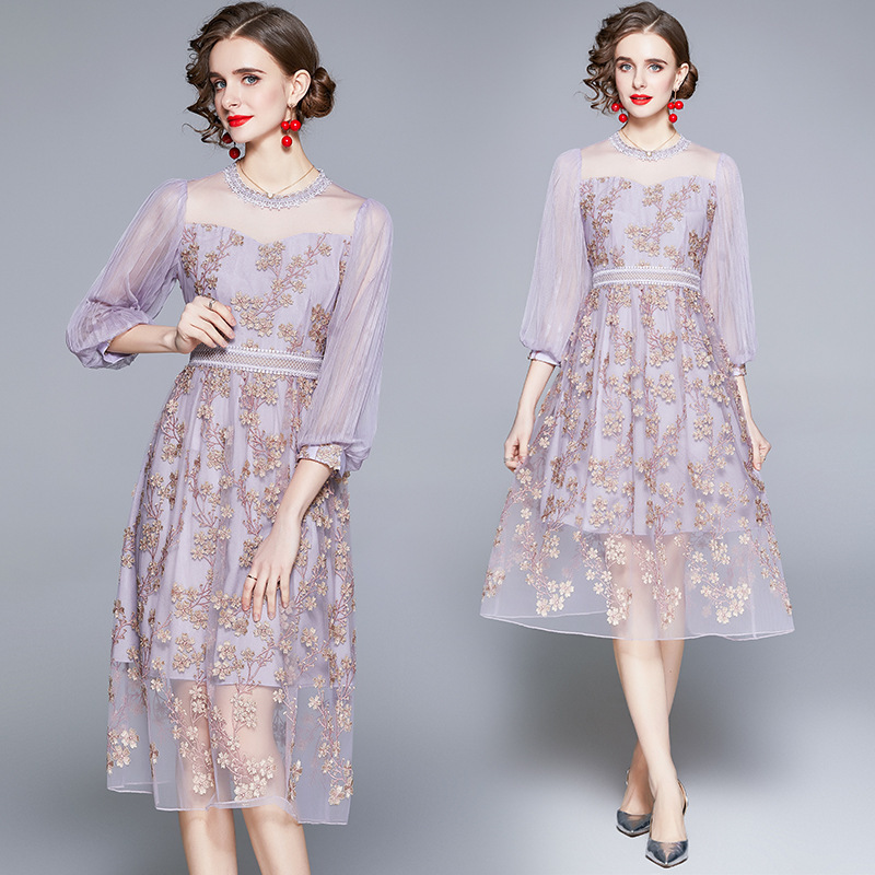 ドレス 結婚式 Aライン 花柄 シースルー 紫 シフォン 2次会 ~2XL