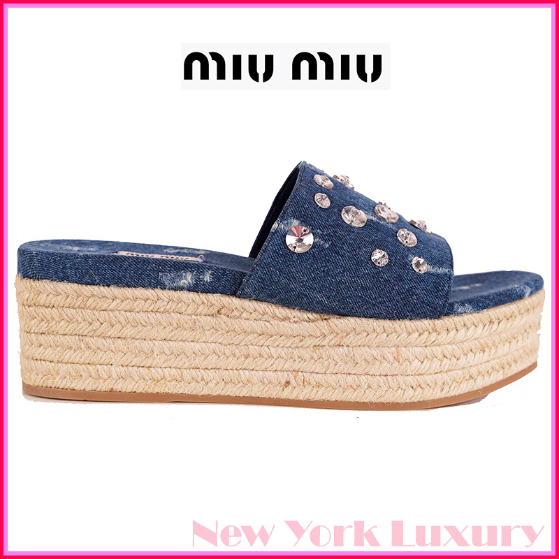 MIU MIU★Distressed Denim Crystal Platform Espadrille Sandal
