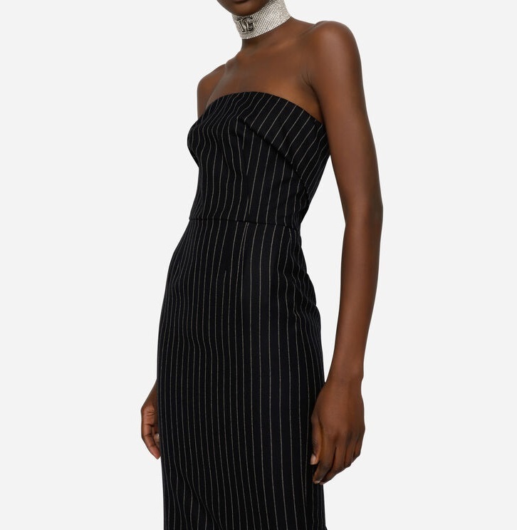 【DOLCE＆GABBANA】ウール ピンストライプ ミディ ドレス ブラックのウィメンズ ミディ スリップドレス チュール レース