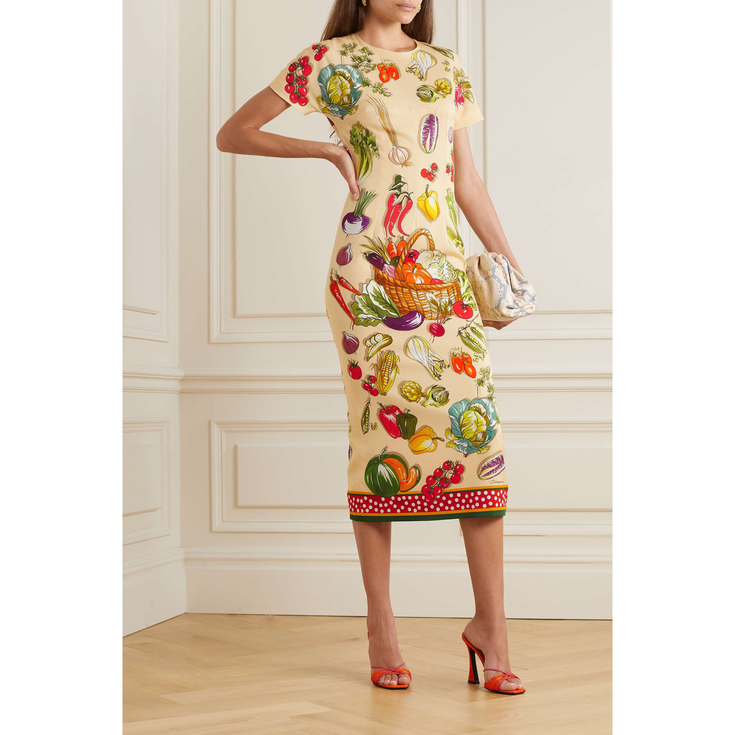 DOLCE&GABBANA ドルガバ ポピープリント ドレープ タイト ドレス 直営店*DOLCE&GABBANA*ポピープリント ドレープ ミディ ドレス