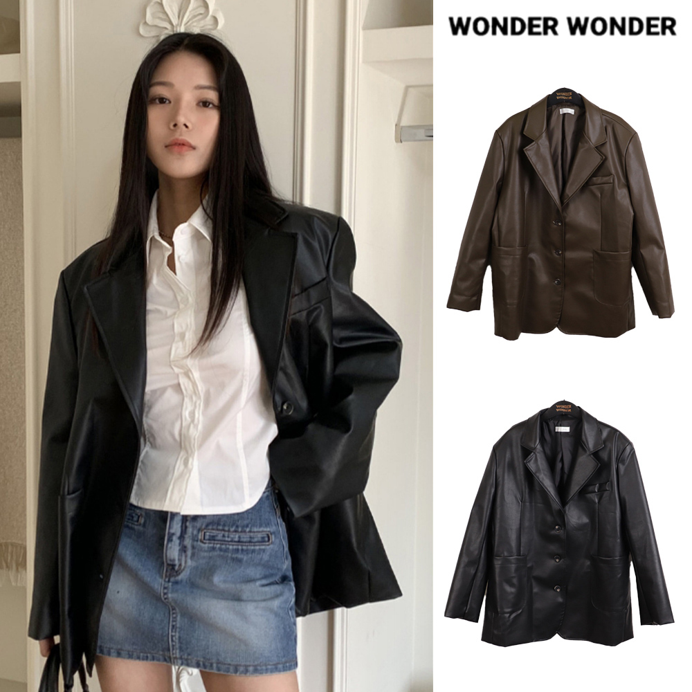 【WONDER WONDER】Kale Boxy Overfit Leather Blazer Jacket