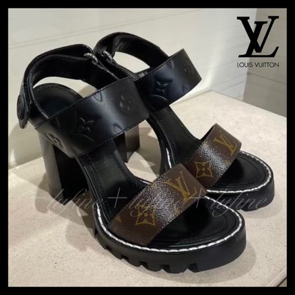 Shop Louis Vuitton Open Toe Casual Style Plain Leather Block Heels