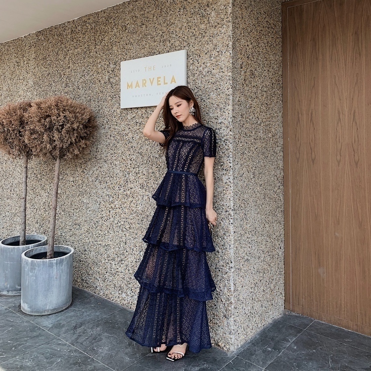 ロングドレス 総レース ティアード 半袖 マキシ ワンピース 韓国