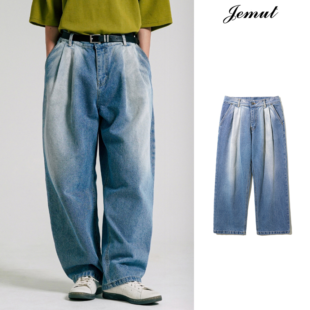 【JEMUT】23SS★ Ice Two Tuck Washing Wide Denim Pants