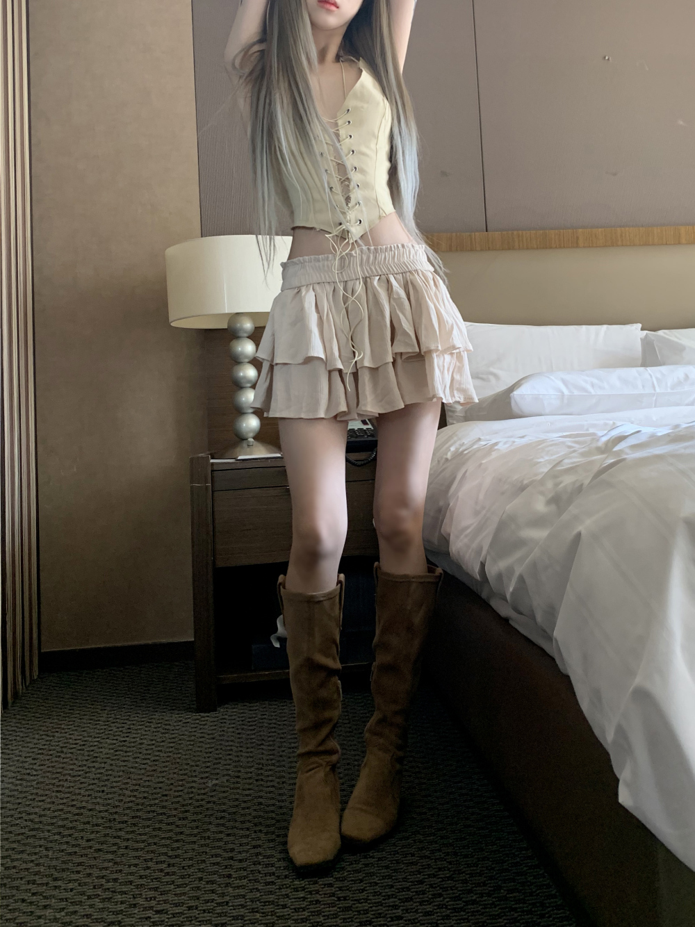 【suzen】Botte Mini Frill Skirt (beige)