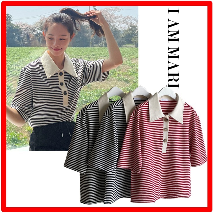 ☆韓国の人気☆【I AM MARI】☆Toar collar striped T-shir.t☆