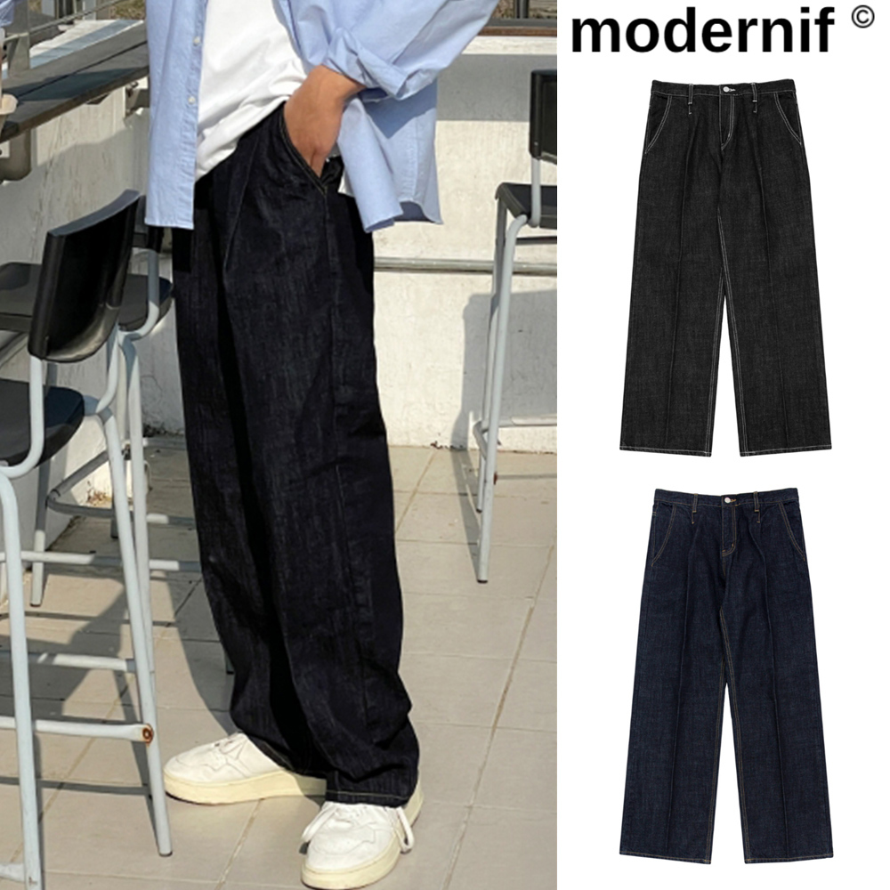 【MODERNIF】Parts dough one-tuck wide denim pants
