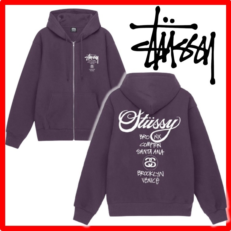 ★韓国の人気★【STUSSY】★WORLD TOUR ZIP HOODI.E★GRAPE★