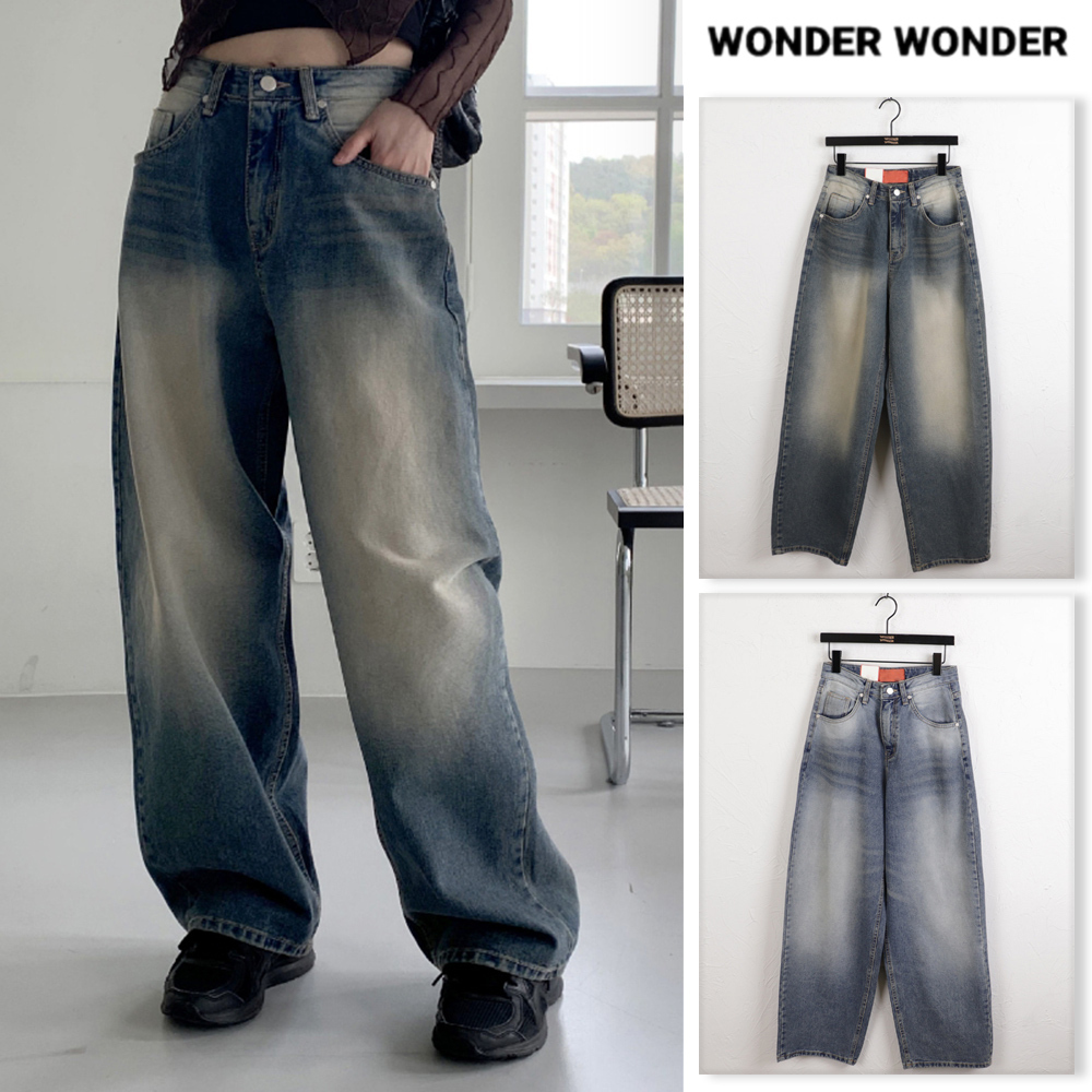 【WONDER WONDER】Bazzle Sand Washing Long Wide Denim Pants