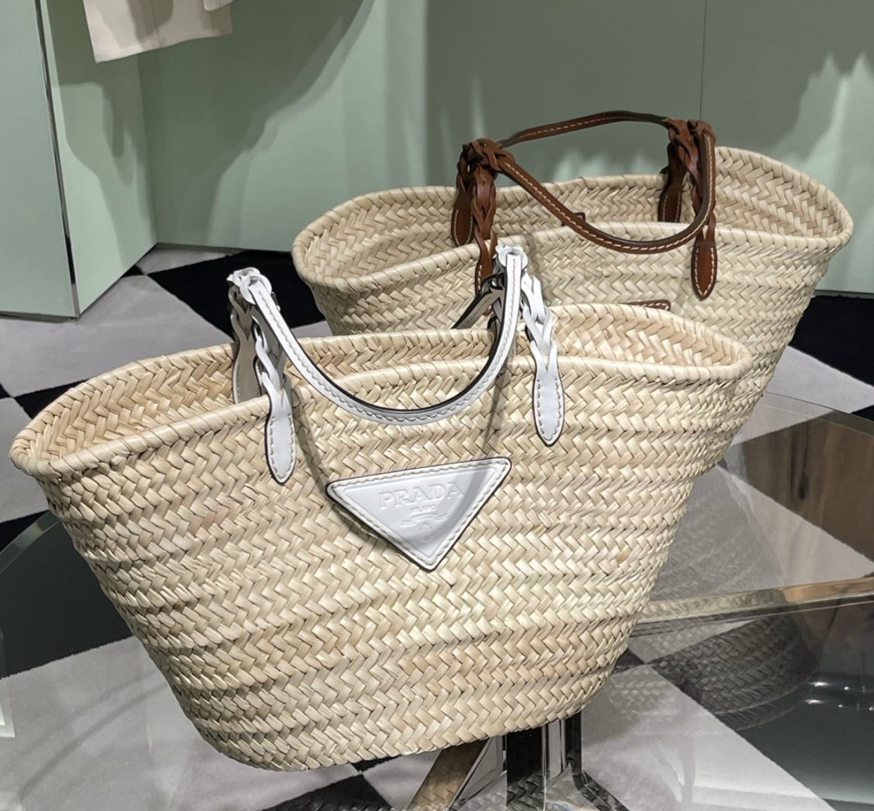 【PRADA】23SS ウーブンパームxレザー トートバッグ