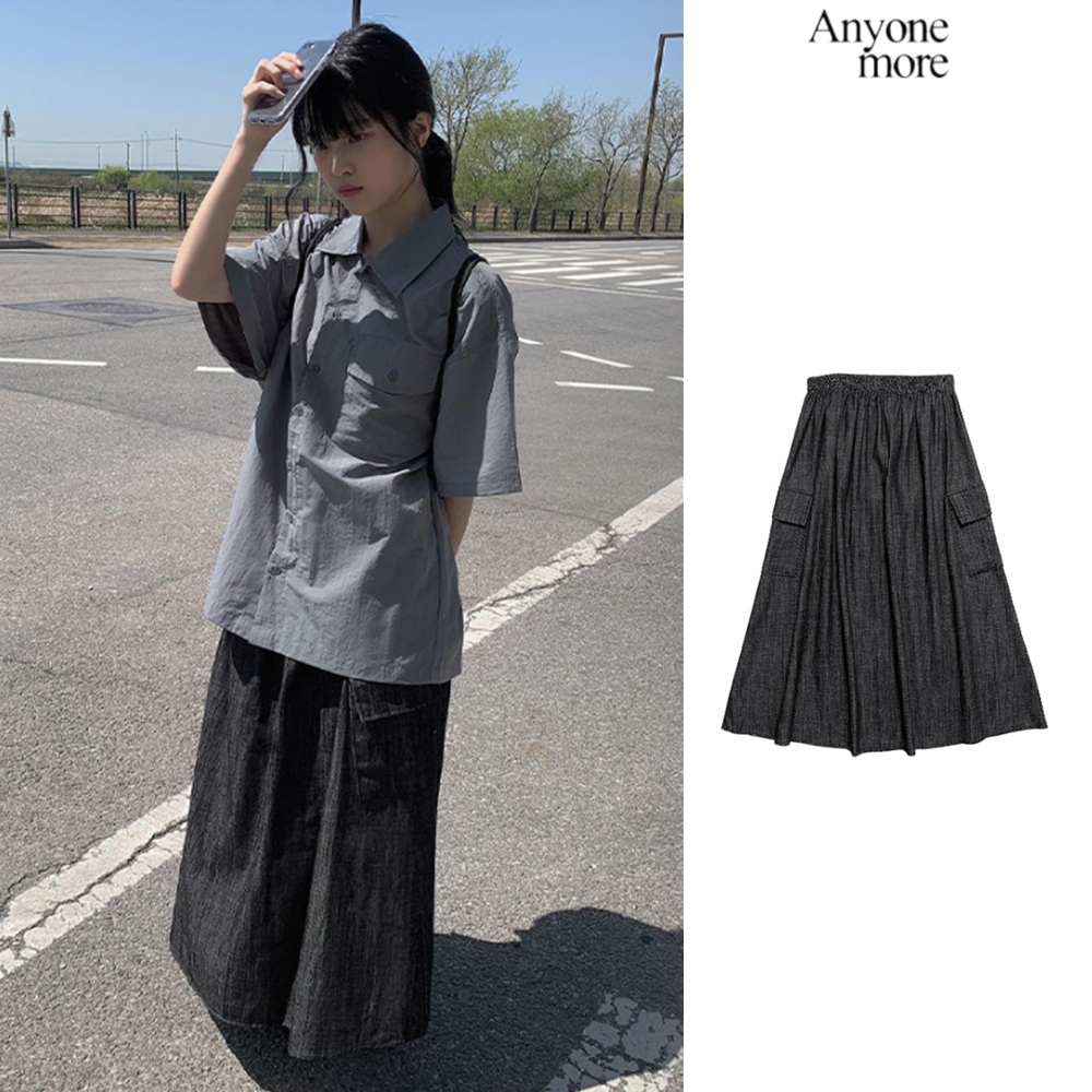 【Anyone more】Belly black blue raw denim cargo skirt