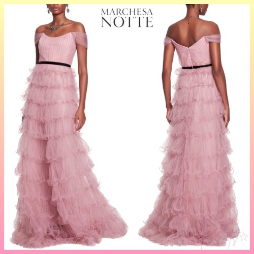 【Marchesa Notte】ラッフル ティアード チュール ロングドレス